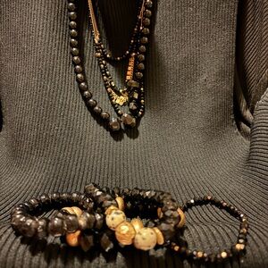 Black and Gold Beaded Layered Necklace & Bracelet Set